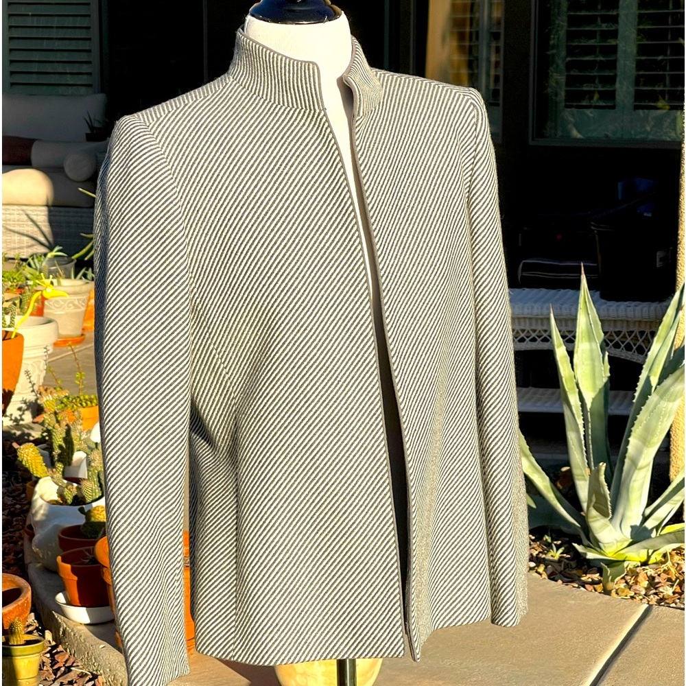 Women's Cream & Black Striped Teddy Jacket with Stand Collar